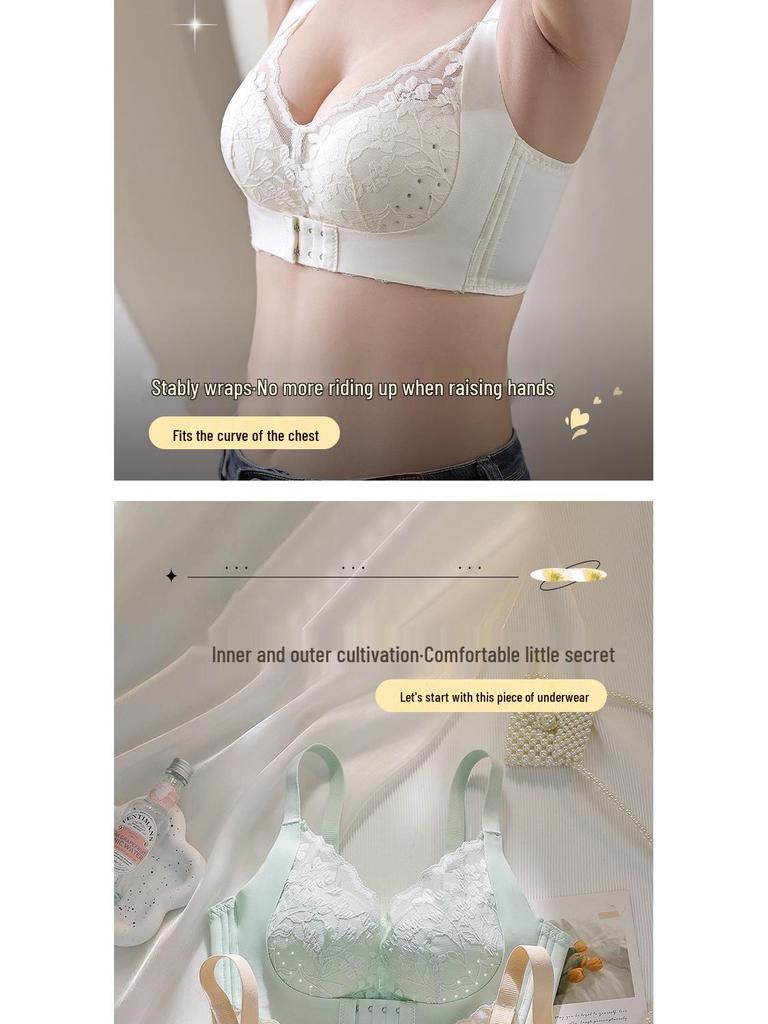 Women's Front Buckle Push-Up Lace Bra with Side Support, Anti-Sagging for Small Chest