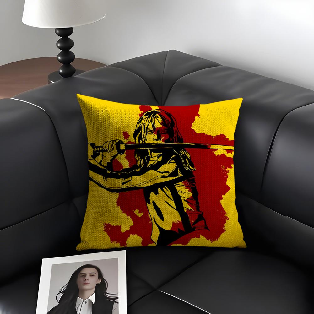 K-Kill Bills Movie Cushion Cover Natural Linen Organic Fabric Double-Sided Printing Sofa Home Decor Gift Pillow Case