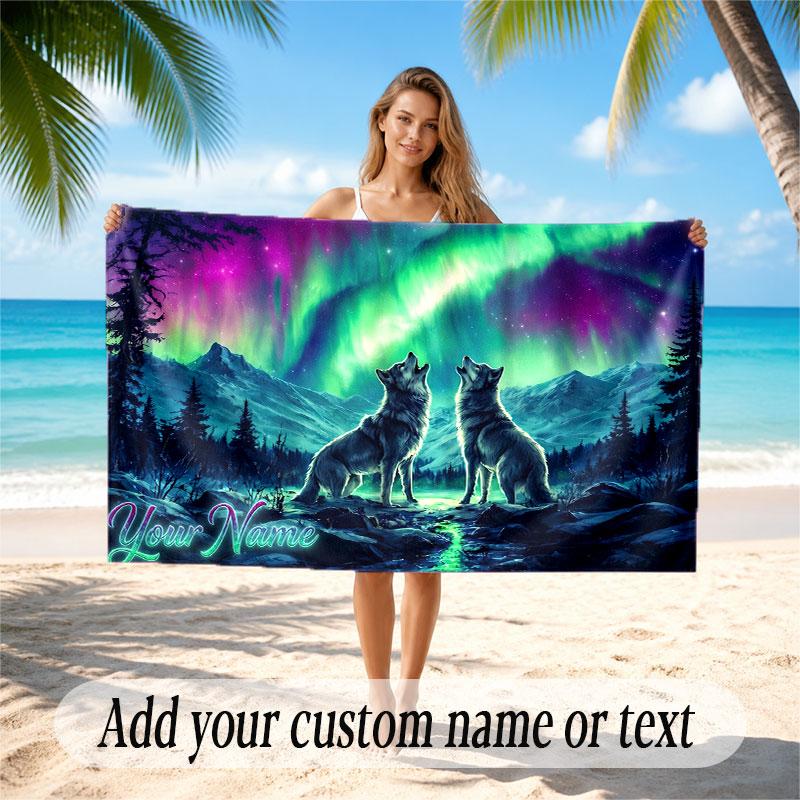 Wolf Theme Beach Towel Personalized Custom Name & Text Soft Quick Dry Beach Towel for Swimming Travel