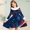 Kids Girls Furry Collar Long Sleeve Star Printed Bow Waist A Line Flared Dress