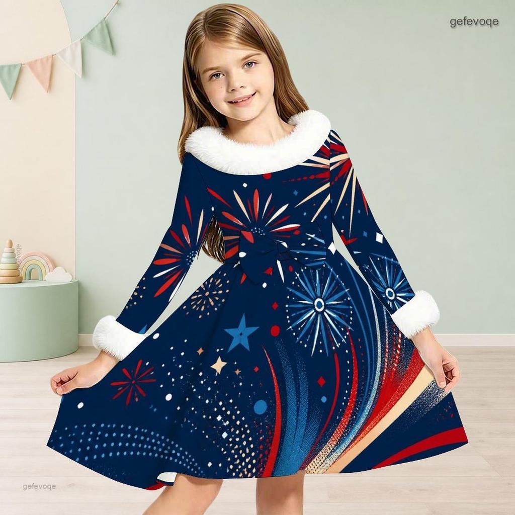 Kids Girls Furry Collar Long Sleeve Star Printed Bow Waist A Line Flared Dress