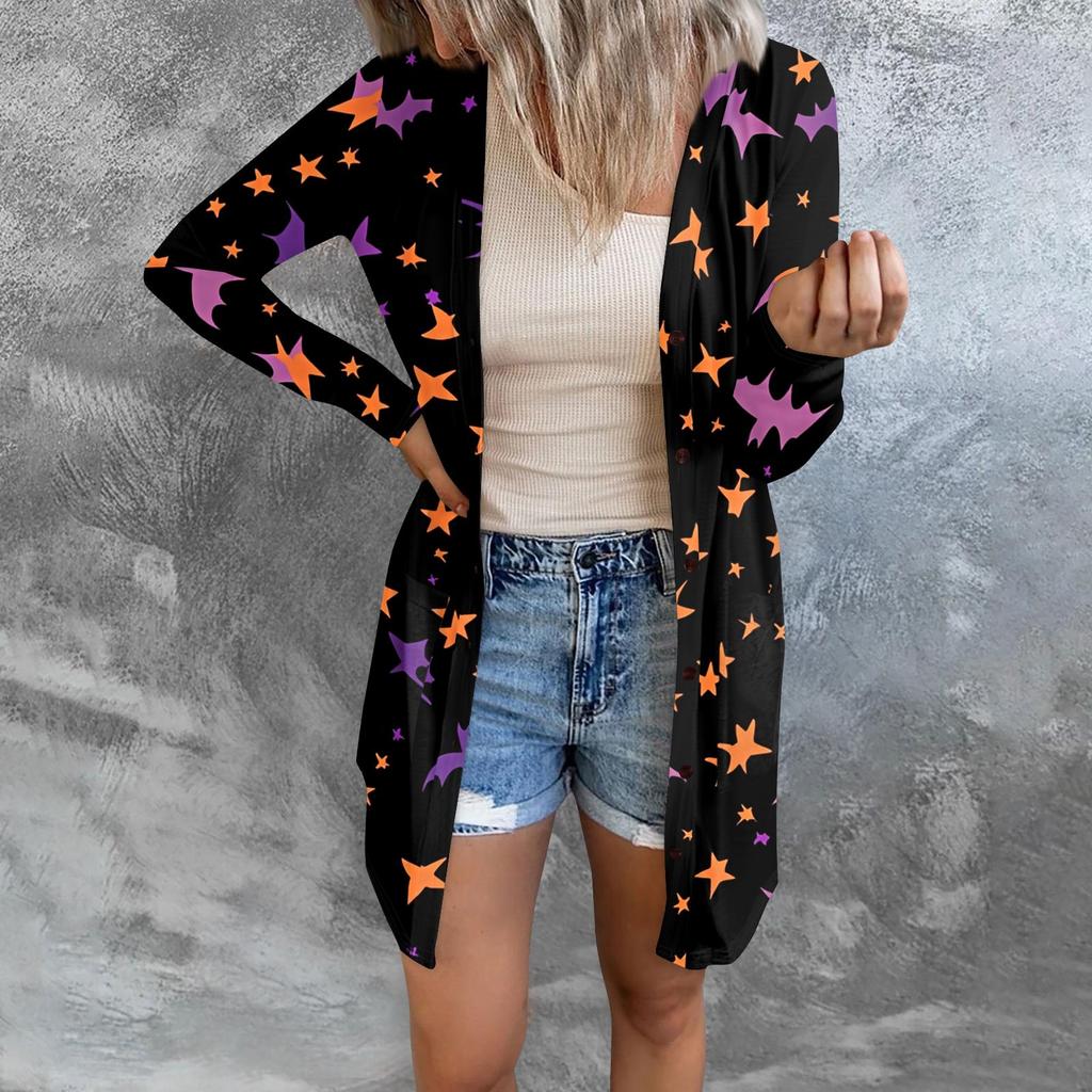 Women's Casual Cardigan Halloween Printed Long Sleeve Top With Pockets