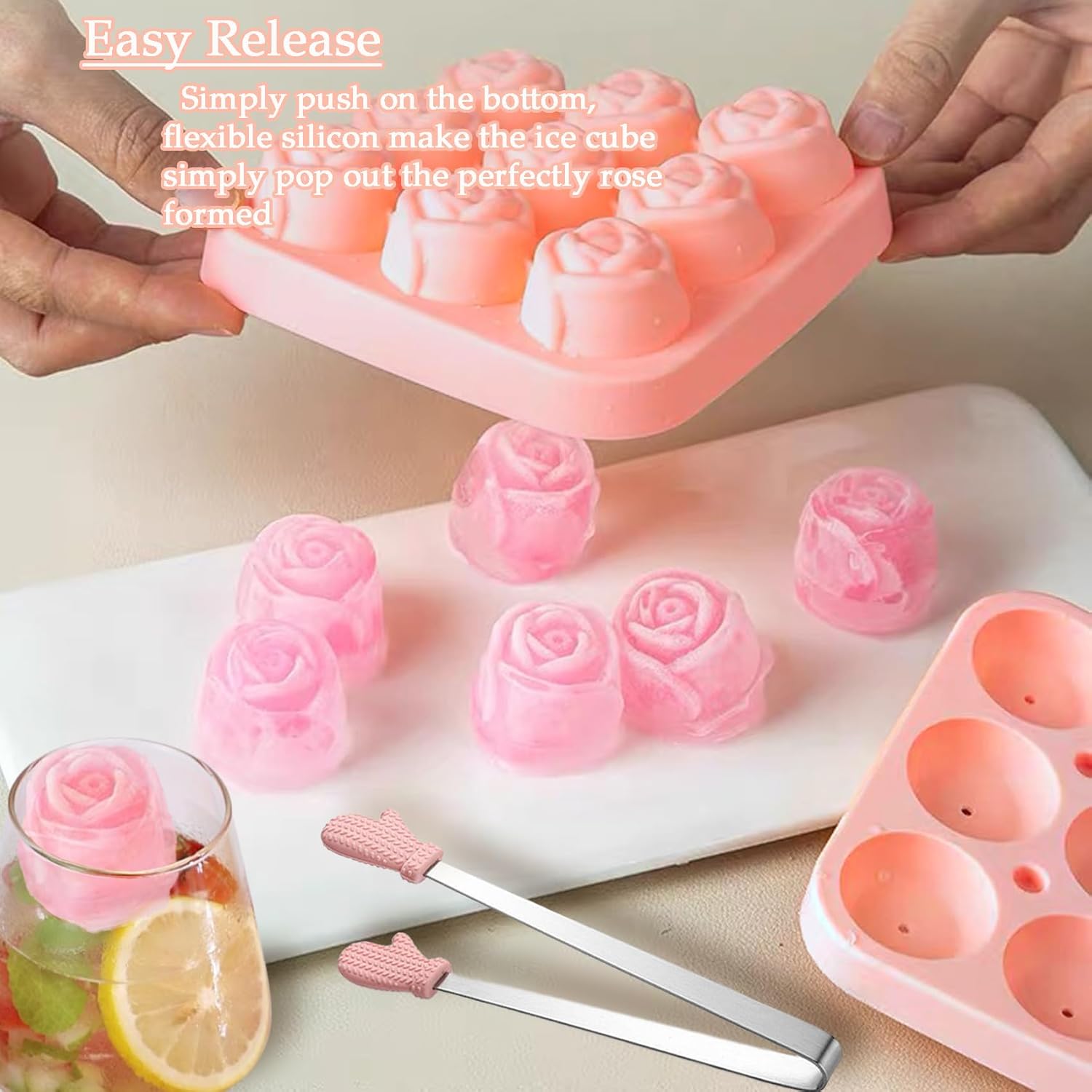 

Форма для льда с крышкой, силиконовый поднос для кубиков льда в виде розы с мини-щипцами, подносы для кубиков льда в виде розы для морозильной камеры, легко извлекаемые формы для льда, изготовитель, делает 9 ледяных шариков