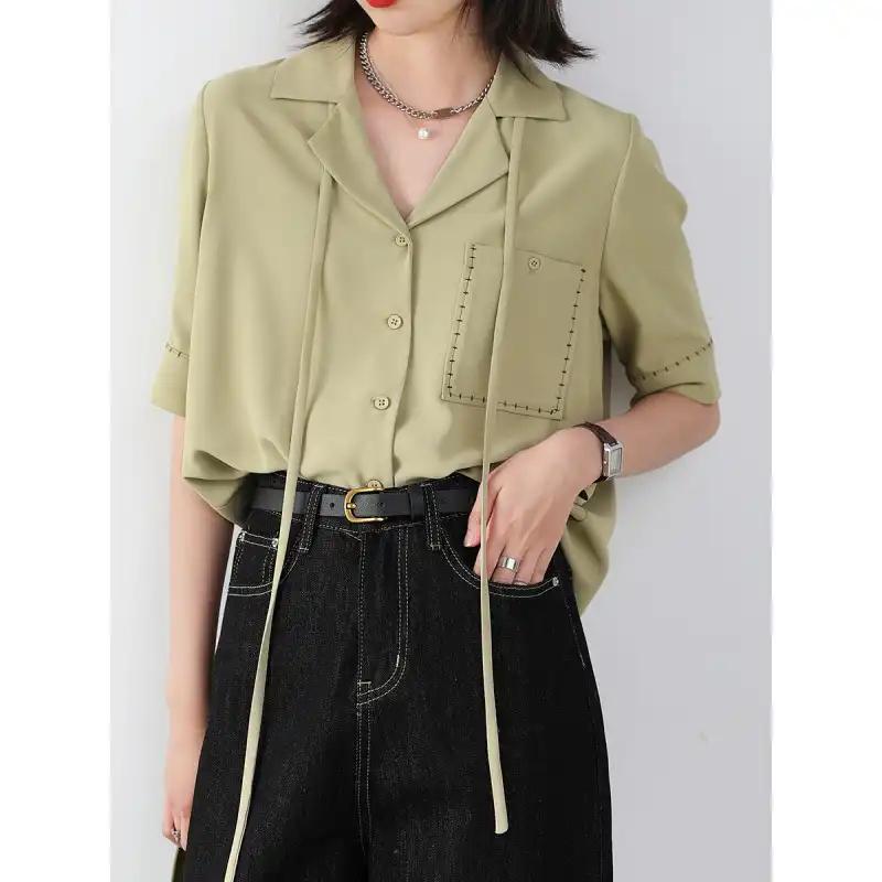 

Women s Loose Fit Light Green Short Sleeve Shirt with Tie Detail Casual Lapel Blouse with Stitched Pocket S зелений