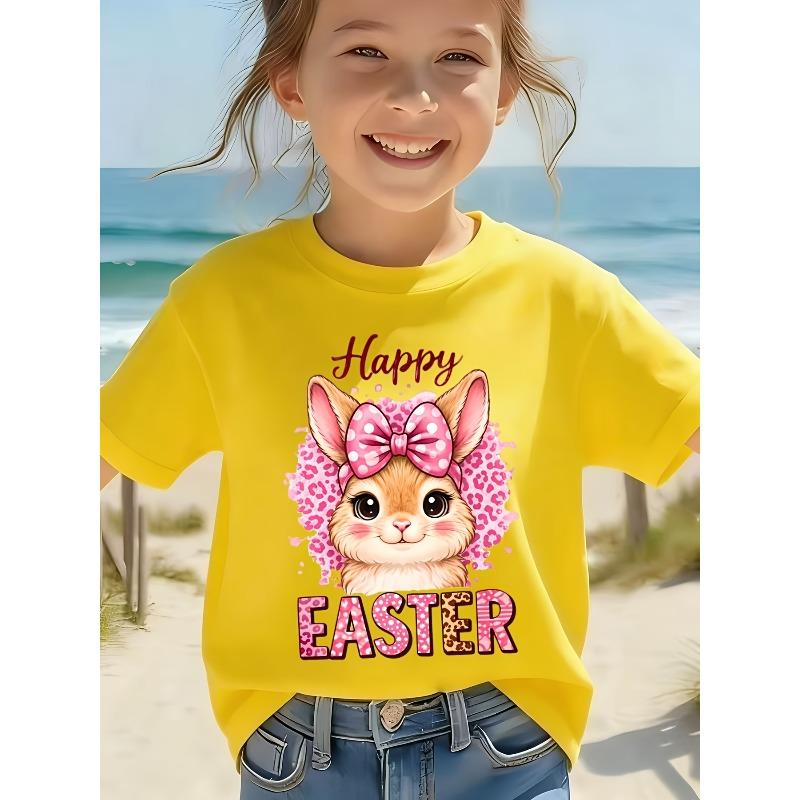 European sizes Girls' Pink Bunny Bow & Leopard Print Short-Sleeve T-Shirt - EASTER Bunny Bow Top with Round Neck, Loose Fit Blouse