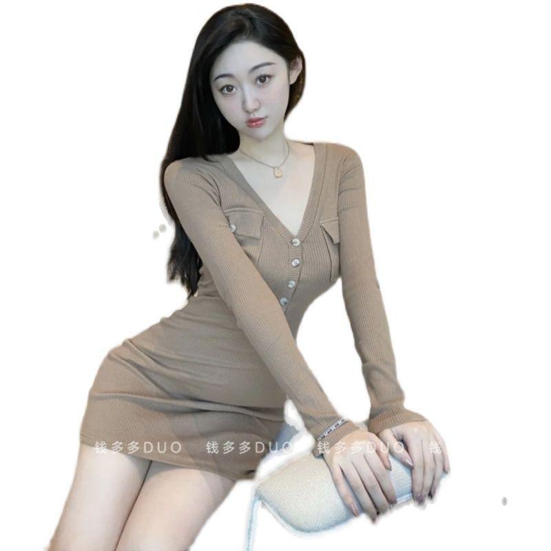 French Sexy Spice Girl Long-sleeved Dress Women's Spring New Slim-fitting and Thin Inner Niche Hip-wrapped Short Skirt