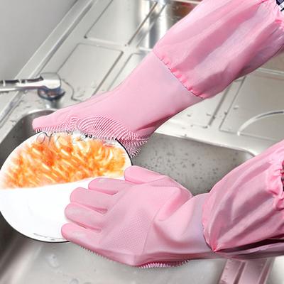 1 Pair Housework Gloves Silicone Cleaning Gloves with Anti-Slip Texture Extended Arm Guard Pet Hair Removal Gloves