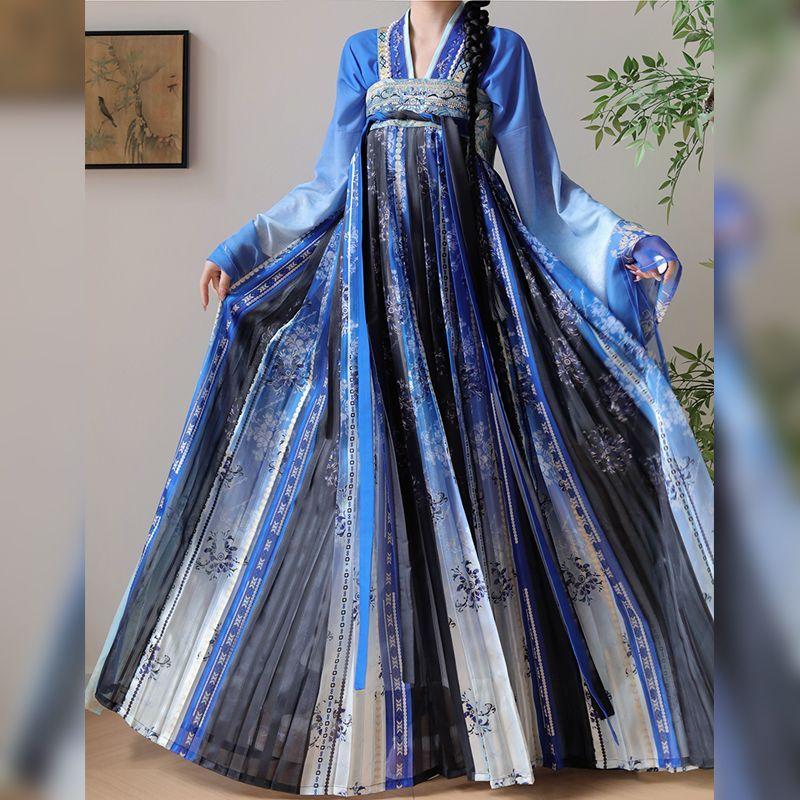 Chinesischer Tang-Dynastie-Stil Hanfu Blau Jungfräulich Serie Bestickt Brustlang Sommer Alltagsanzug