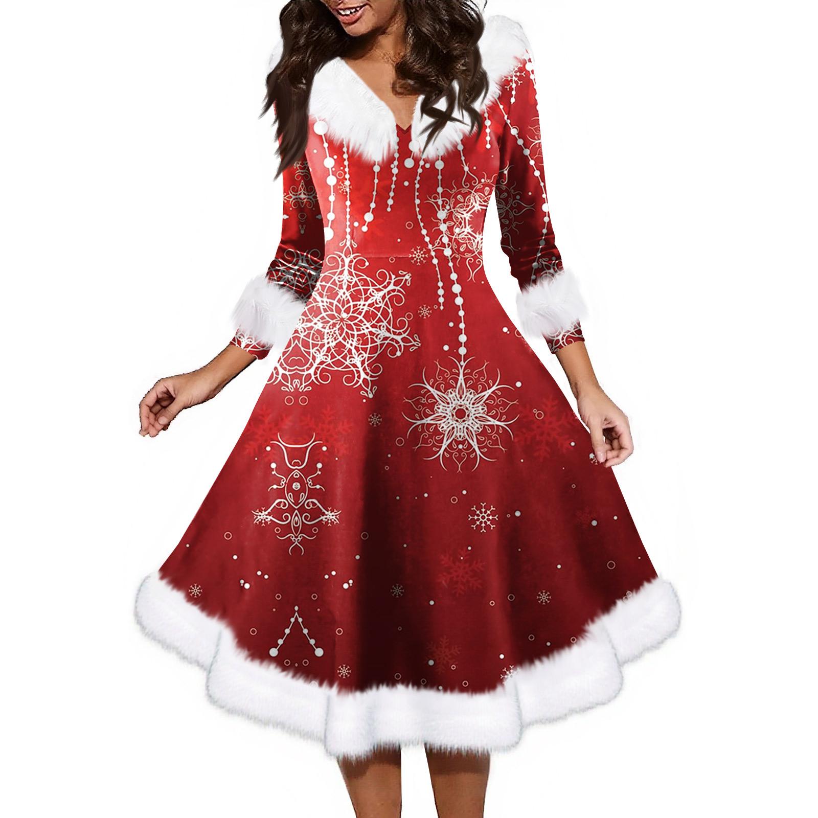

Women s Fashion V-neck Casual Fit Christmas Print Party Long Sleeve Dress XXL винный