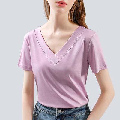 Dubbelzijdig gemerceriseerd katoenen T-shirt voor dames Nieuwe zomer Dames coole korte mouwen puur katoenen T-shirt Sexy diepe V-top