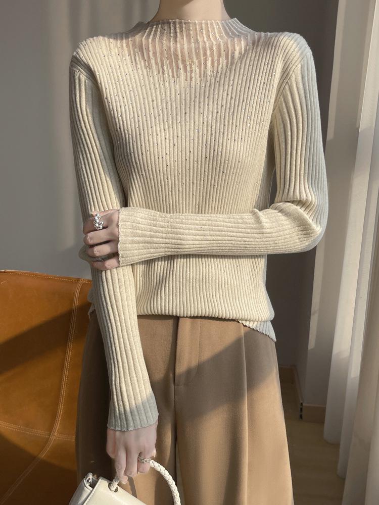 Women's Slim-Fit Wool Sweater with Rhinestone Design, Solid Color Base Layer