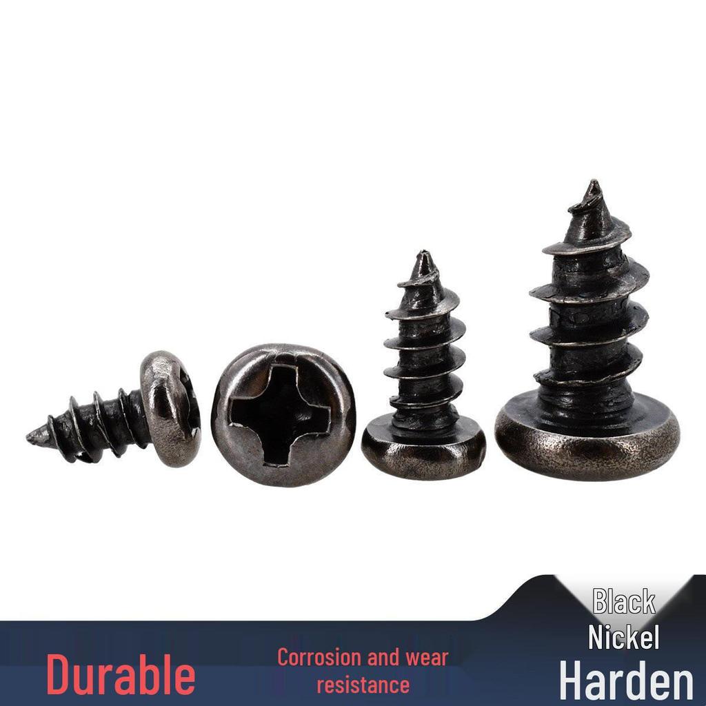 Black Nickel Plated Hardened PA Self-Tapping Screws - Round Head, Pointed Tail, Sizes M1.7-M4.