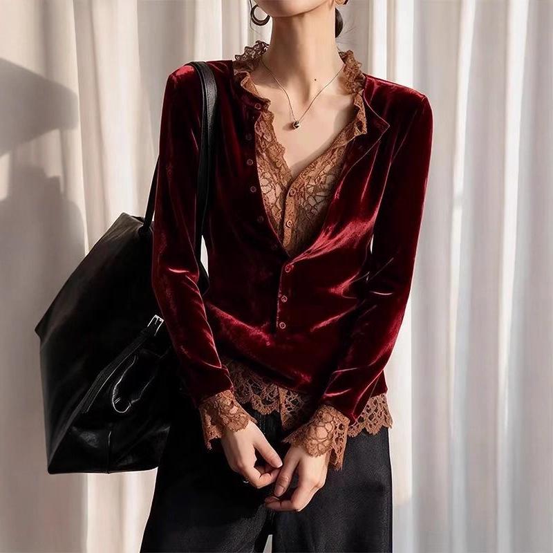 2025 Velours Kant Patchwork Wijnrood Tweedeelig Dames Herfst Top