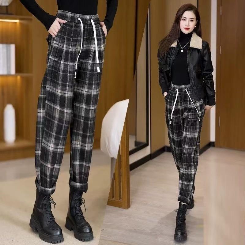 Autumn/Winter Women's High Waist Haren Pants with Plush Thickened Checkered Casual Pants