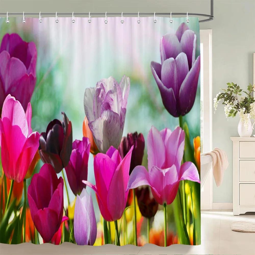 Rurality Fresh Flowers Wall Shower Curtains Bathroom Shower Curtain 3D Fabric Bath Curtain With Hooks Waterproof Bath Screen