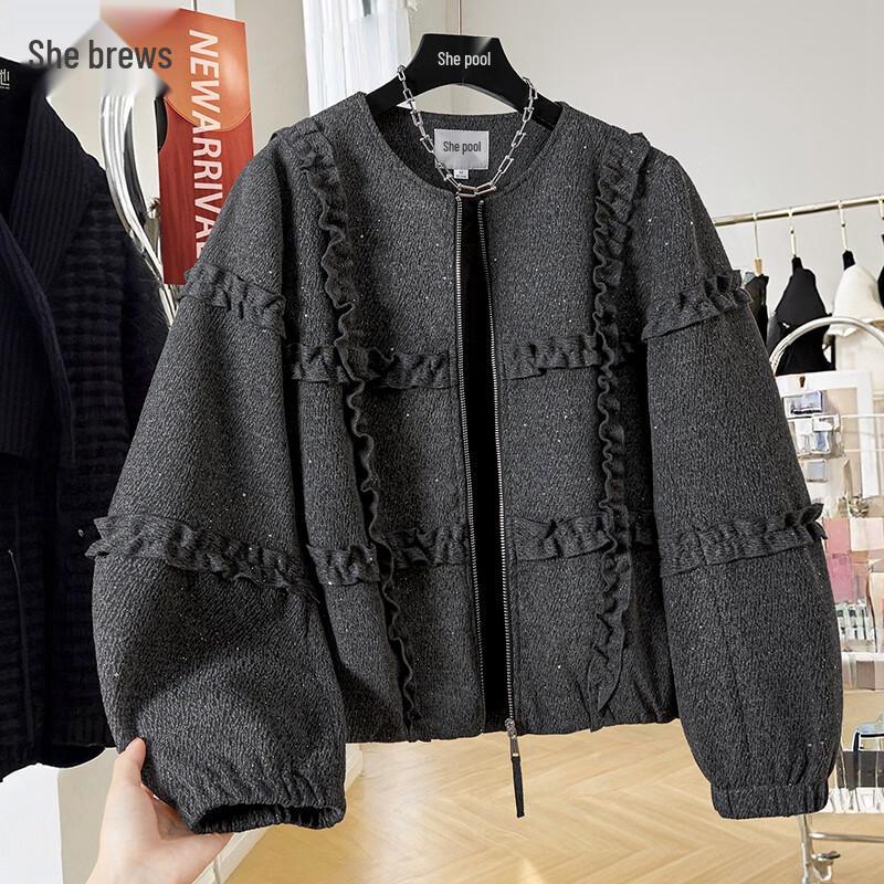 

Женская серебристая куртка на молнии с оборками по краю XL