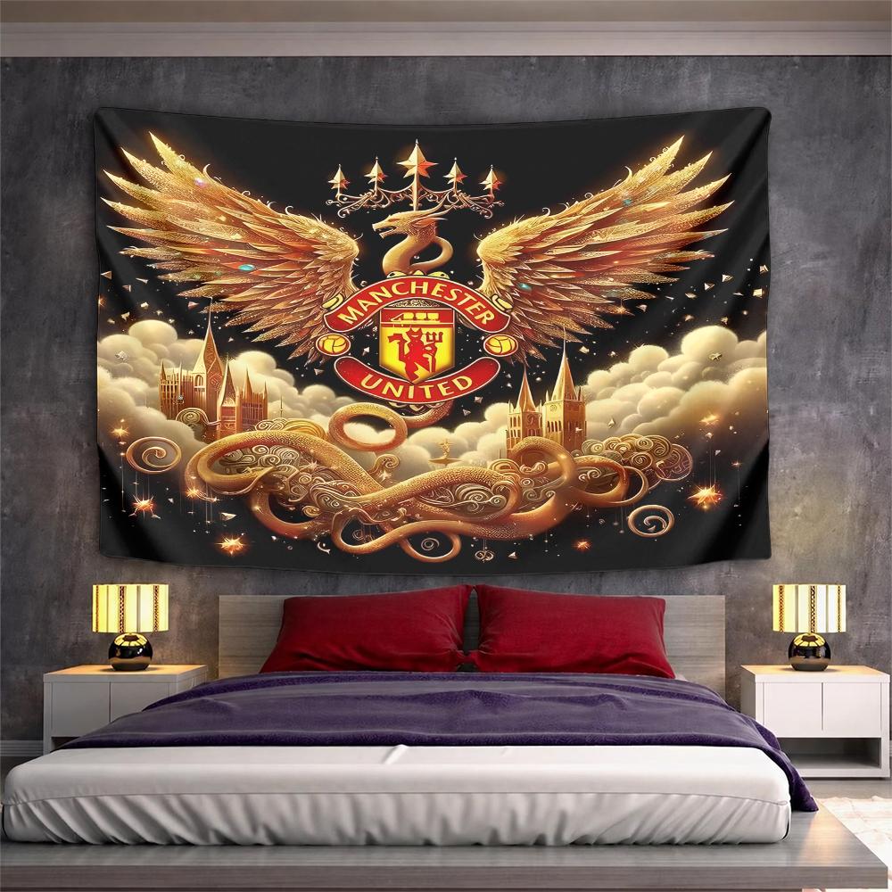 Manchester United Football Club Crest Wall Tapestry Golden Wings Dragon Crown Clouds Dark Fan Decor for Man Cave Bedroom Gift