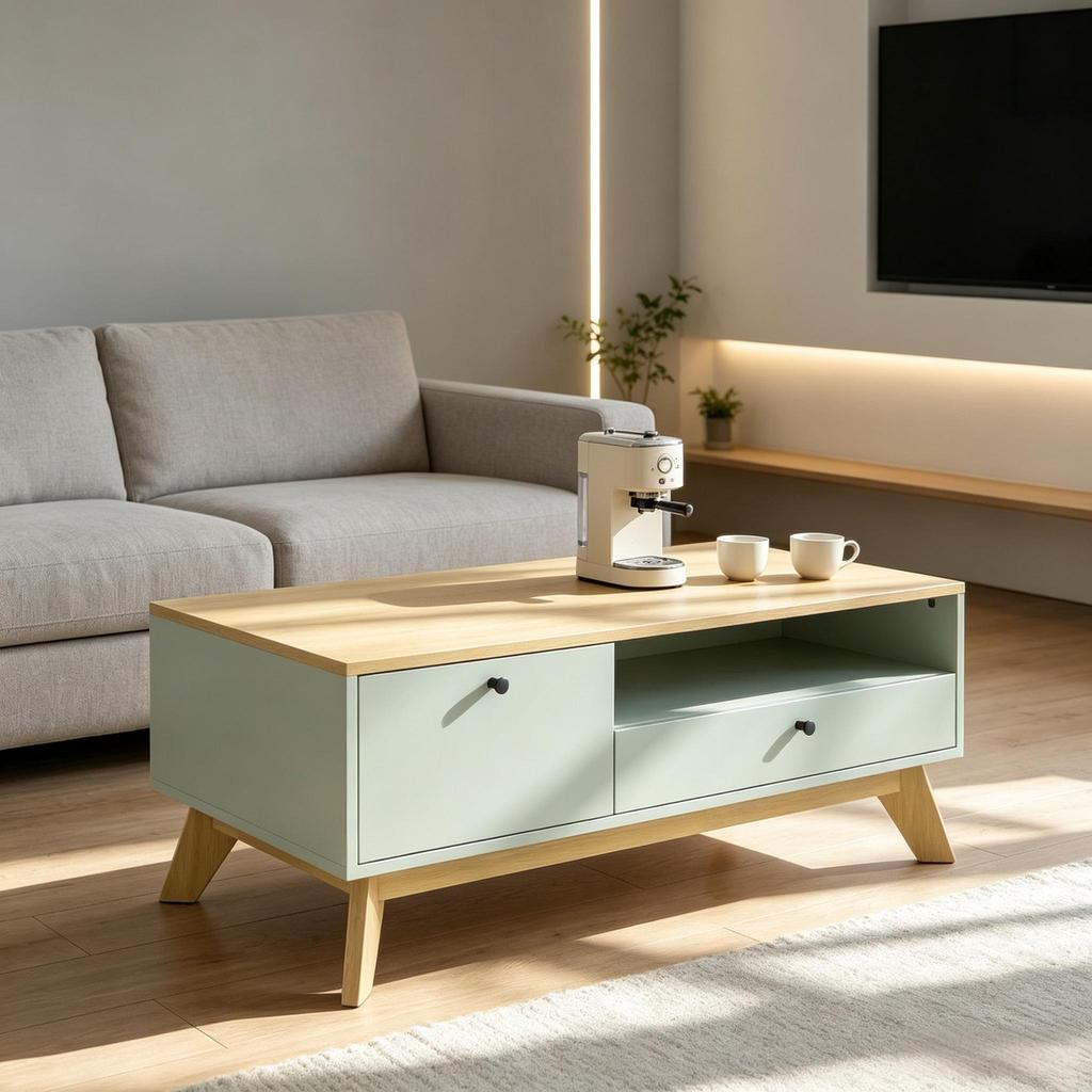 Coffee Table, Rectangular Side Table with Drawer, Door and Open Compartment