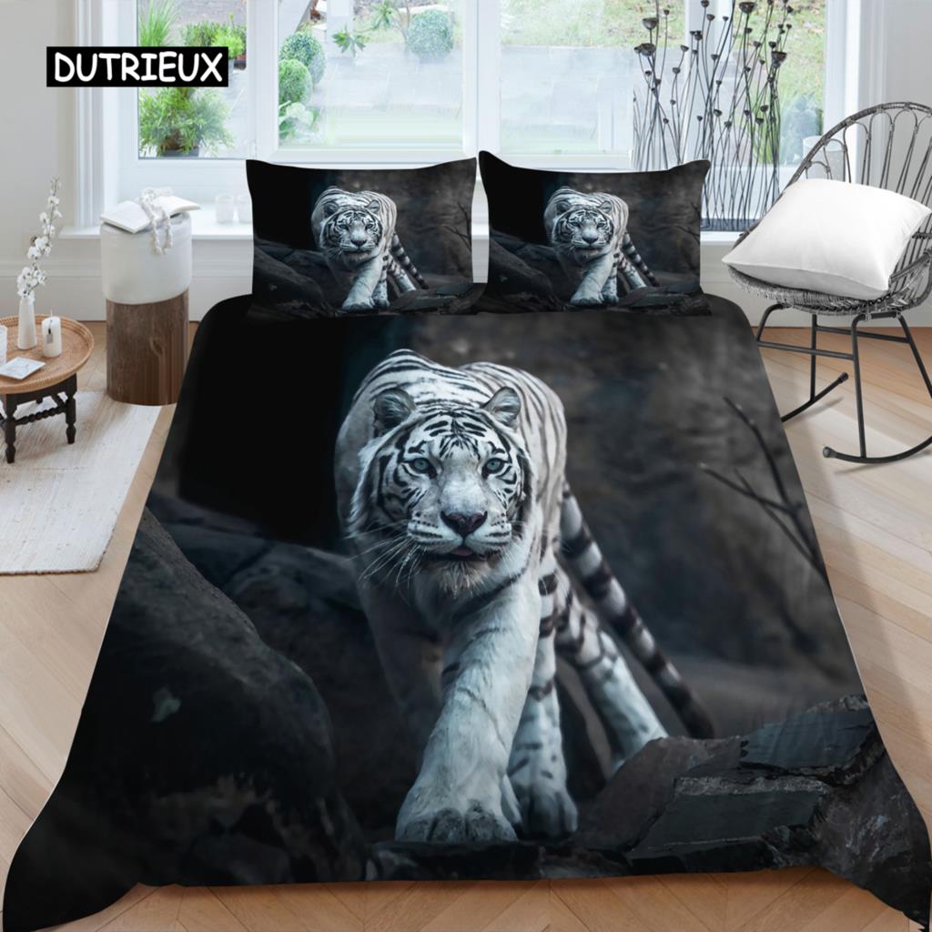 Tiger Duvet Cover Set Red Rose Flower Comforter Cover Boys African Safari Wild Animals Big Cat Queen King Polyester Qulit Cover