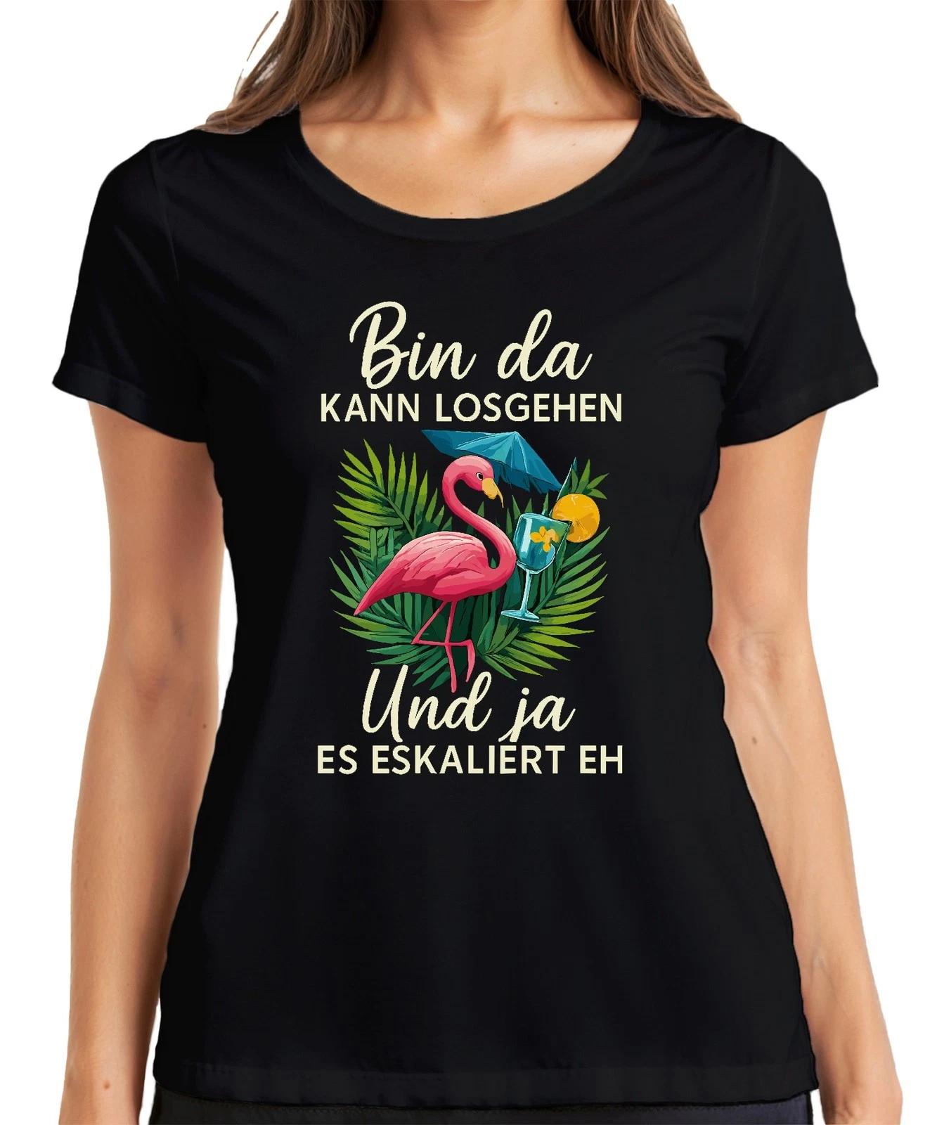 Bin da kann losgehen und ja es eskaliert Flamingo Cocktail Party Damen T-Shirt M