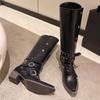 Women's Knee High Boots Designer Rivets Punk Boots High Quality Pointed Leather Boot Fashion Thick Heeled Knight Boots for Women