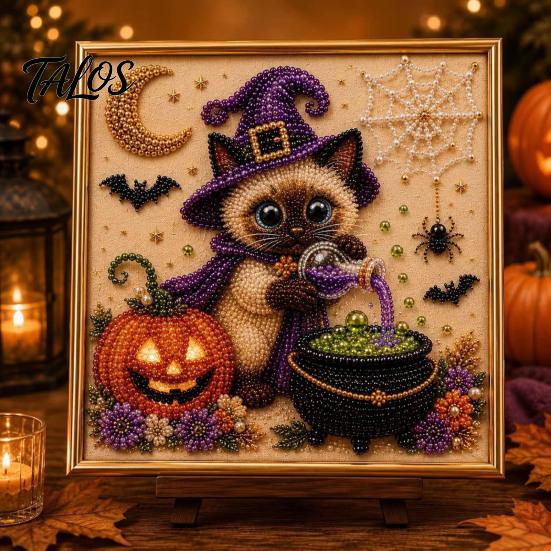 Decorative Hanging Pictures for Halloween Ghost Faux Pearl Art DIY Kit with Frame, Cat Painting Easy Projects Beginners Kit, 3D Witch Pumpkin