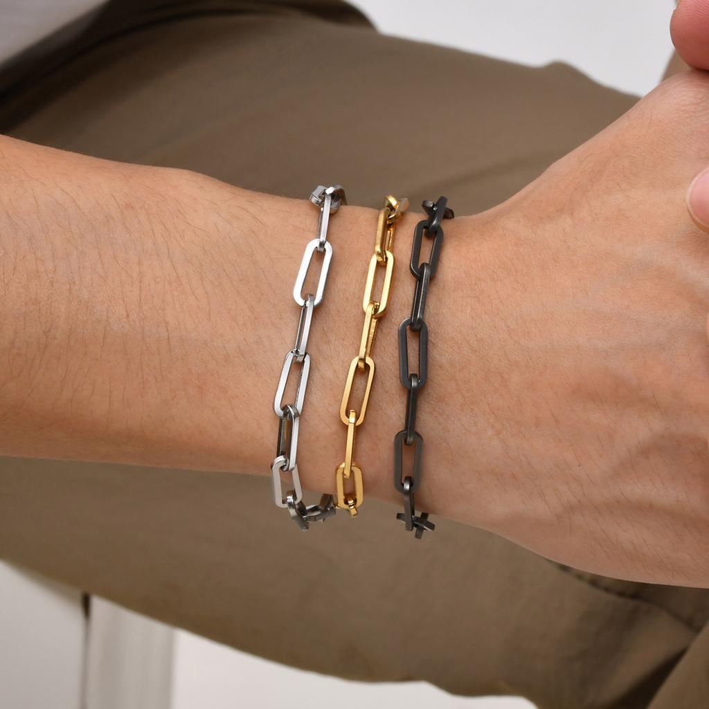 Stylish Paperclip Chain Bracelet for Men Women,Stainless Steel Rectangle Chain Bracelet Gift,Gold/Silver/Black/Grey Color