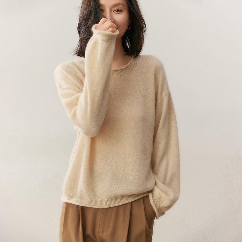 Women's Cashmere Rolled Hem Round Neck Sweater - 2025 Autumn/Winter Collection, Loose Fit and Slimming Pullover.