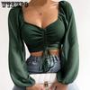 Dámské topy Pufované rukávy Sexy Přiléhavé Letní a Jarní Šněrovací Výstřih do V Módní Jednobarevné Jednoduché Dlouhý rukáv Horké