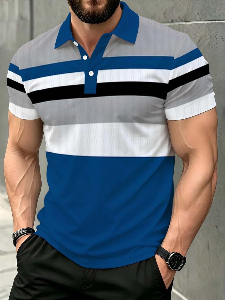 Men's Outdoor Short-Sleeve Polo Shirt, Available in Multiple Sizes, Men's Lapel Polo with Striped Print, Men's Top, Slim Fit, Suitable for Spring,