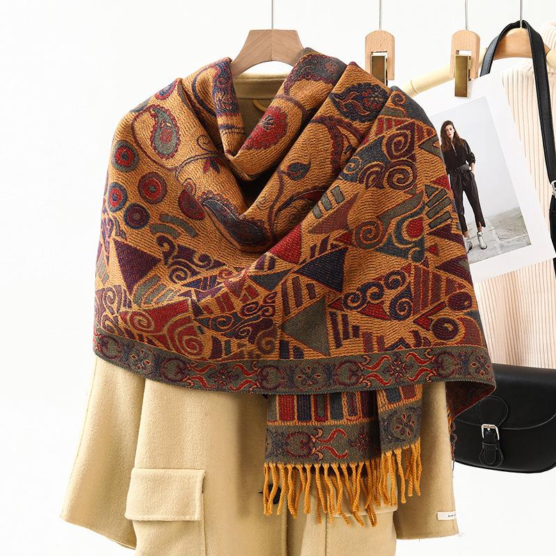 Jacquard Scarf Shawl with Decorative Imitation Cashmere Scarf for Women Winter High End New Style Thickened Ethnic Style Shawl