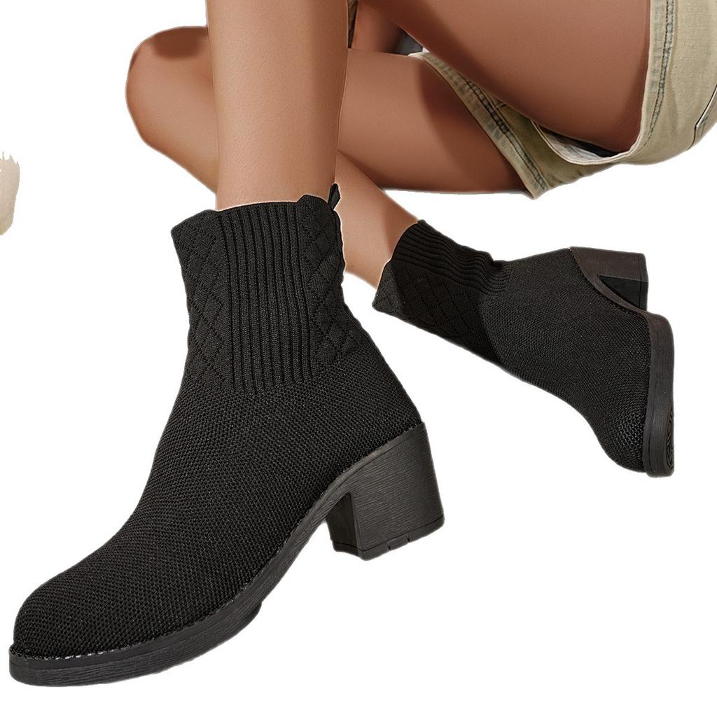 2025 Herbst neue große Größe runder Kopf mittlerer Absatz kurze Socken Stiefel dicker Absatz Schaft Martin Stiefel