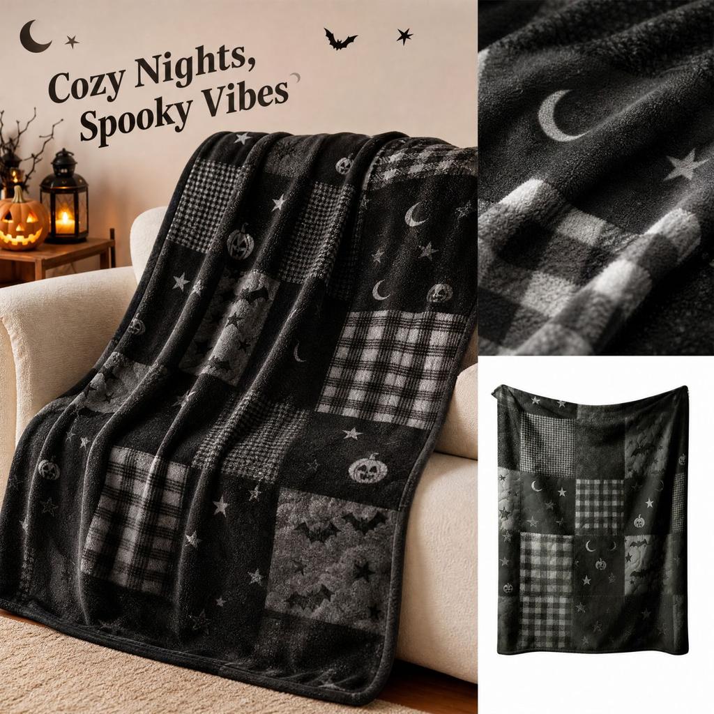 Halloween Plaid Flannel Throw Blanket with Single-Sided Print, Cozy for Couch and Bed