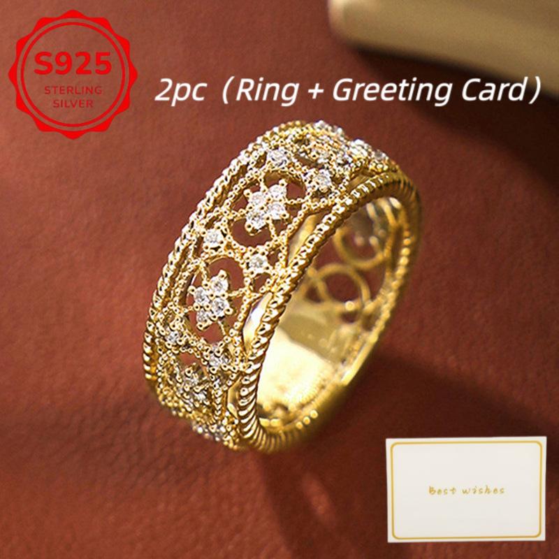 New Light Luxury Women's s925Silver Woven Pattern Plating18k Gold Hollow Ring Vintage Palace-Style Patterned Ring Suitable for Birthday Parties