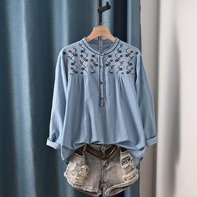 Camisa Feminina Estilo Étnico Japonês Gola Redonda Jeans Lavado Bordado Solta Manga Comprida