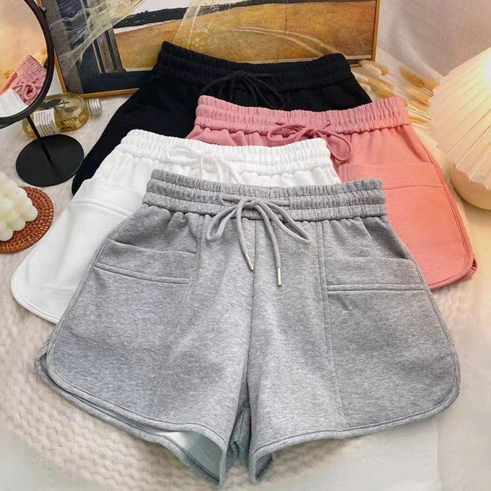 with Pockets High Waist Shorts Fitness Drawstring Short Pants Simple Wide Leg Shorts Women  Ladies