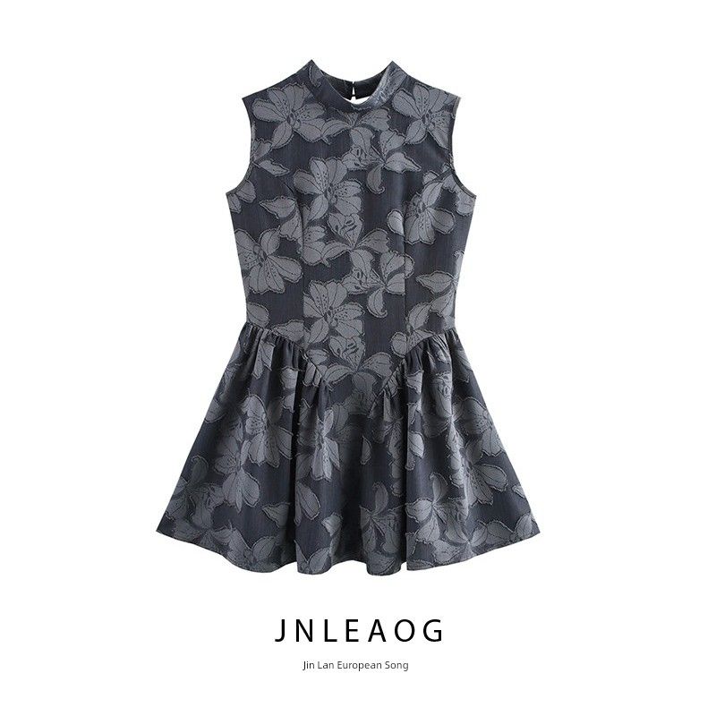 Jnleaog Spring New Arrival Women's Clothing Fashion Style French Fashion Small Stand Collar Sleeveless Waist Wide Hem Dress