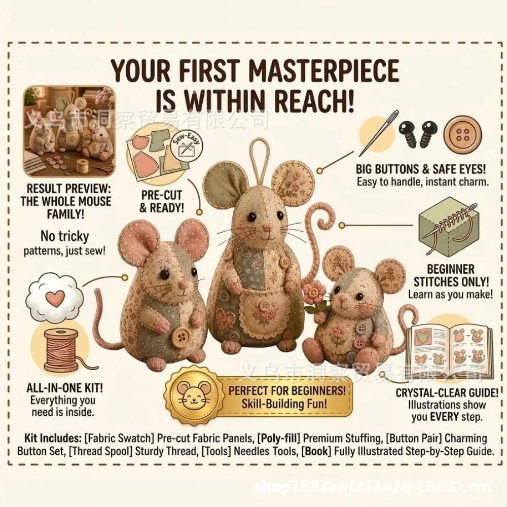 DIY Patchwork Animal Kits Cute Patchwork Mouse DIY Kit Sewing Kit Handmade Craft Set for Beginners Creative Home Ornament Decor