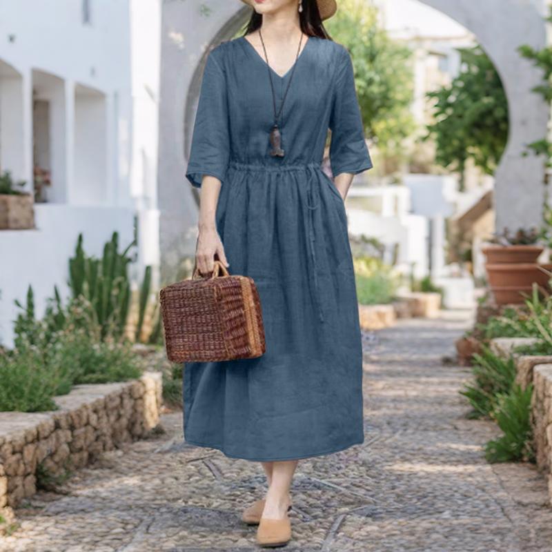 

ZANZEA Women Casual V-Neck Solid Color Summer 3/4 Sleeve Dress 4XL Темно-синій