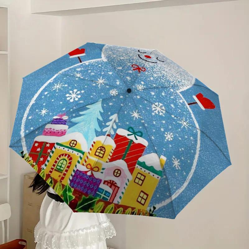 1pc Christmas Snowman Village Umbrella with Plastic Handle,Suitable for All Seasons Home Travel Outdoor UmbrellaDD315