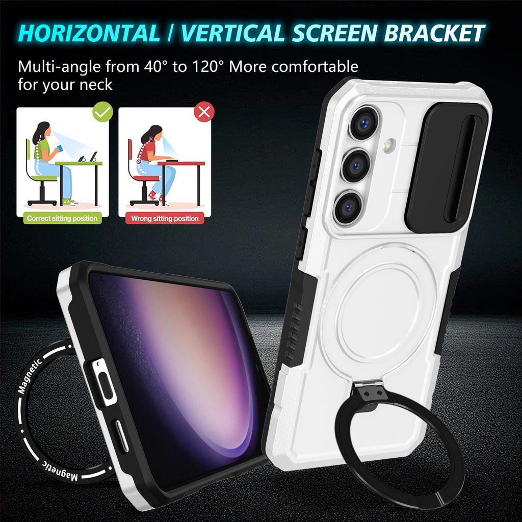 For Samsung Galaxy S24+ Case Slide Lens Window Kickstand Protective Cover Magnetic Case