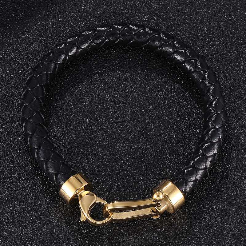 Trendy Men's Jewelry Black Braided Leather Bracelet Gold Color Stainless Steel Horseshoe Lobster Clasp Handmade Bracelets SP0760