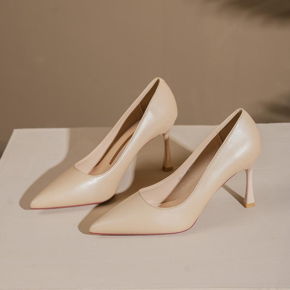 Leather Shoes Women New Nude Color Commuting Professional Pumps Gold Border Strip Comfortable Non Tiring Feet Women's High Heels