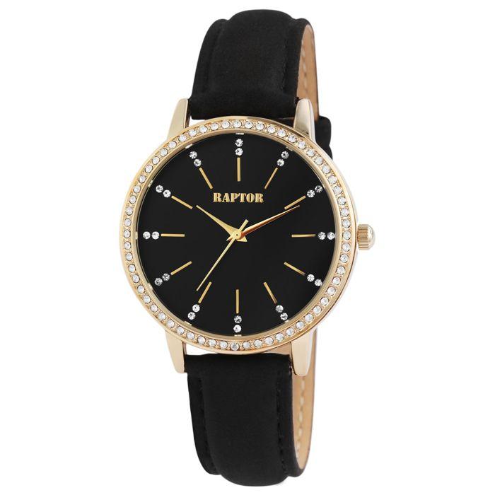 Montre - RAPTOR - Brilliance - Boîtier doré 40 mm - Cadran noir index dorés - Bracelet cuir noir 18 mm