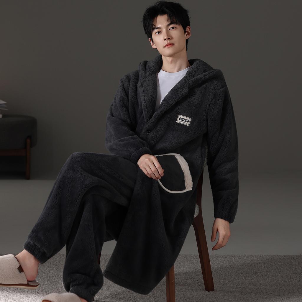Nightgown Men's Autumn and Winter Coral Fleece Suit Pajamas Winter Hooded Thickened Fleece Flannel Loungewear Warm
