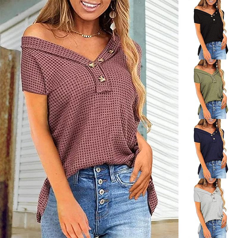 

Женщины Мода V Шея Вафельные рубашки с плеча Футболка Пуговица Вверх Свободный короткий рукав Повседневные топы