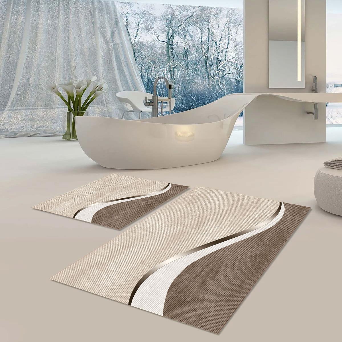 

Коврик для машинной стирки, нескользящая основа, моющийся, устойчивый к пыли, пятнам, набор из 2 ковриков для ванной, набор E1116-1 60 x 100 & 40 x 60 белый