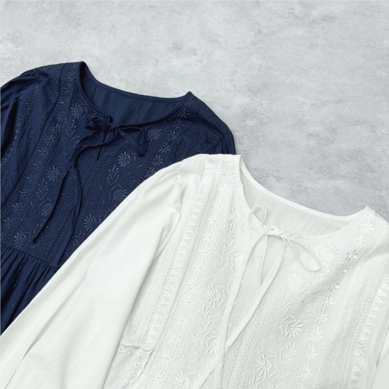 Johnature Embroidered Dress Spring Autumn French Vintage Style Lace Patchwork Long Sleeve Dresses