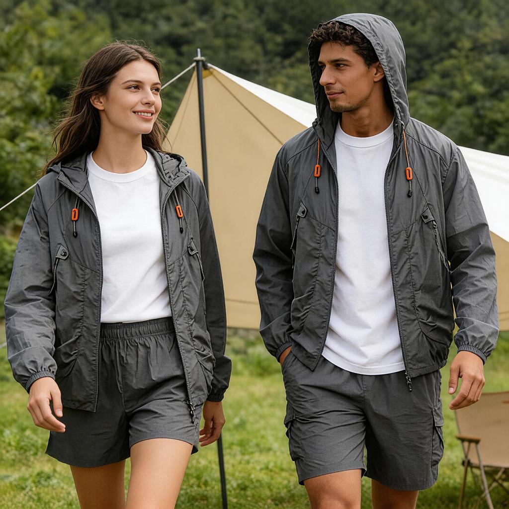 Men’s Lightweight Hooded Windbreaker Jacket and Shorts Set with Zipper Pockets Relaxed Fit Outdoor Wear