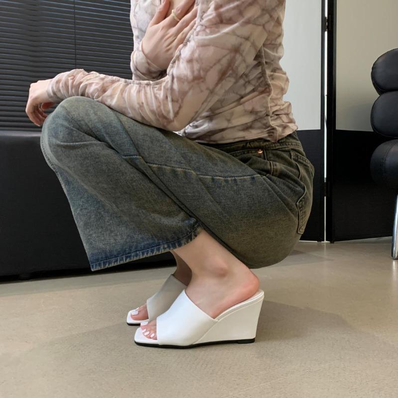 Women's Slippers 2025Summer New Leather Slippers Wedges Slippers for Women Open Toed High-heeled Slipper Sandalias Mujer